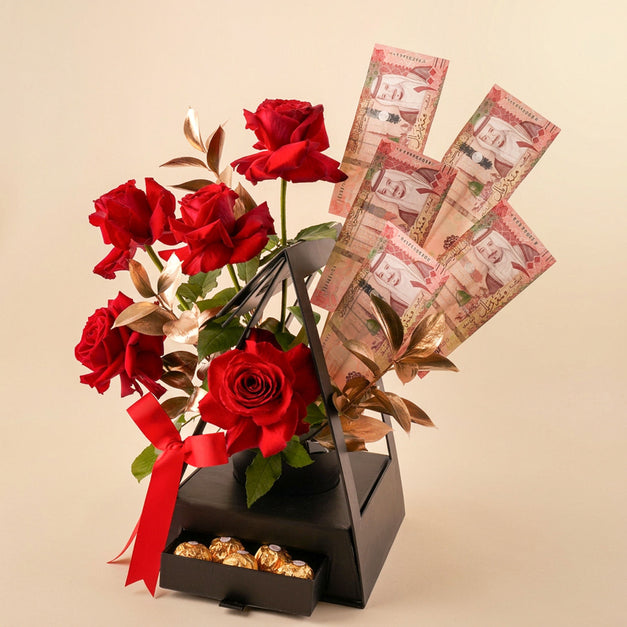 Red Roses Rochers and SAR500 Money Arrangement