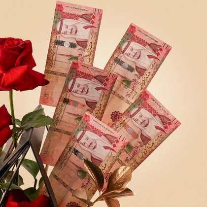 Red Roses Rochers and SAR500 Money Arrangement