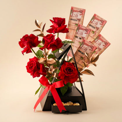 Red Roses Rochers and SAR500 Money Arrangement