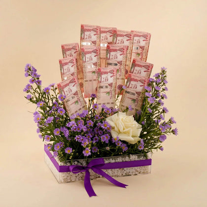 Aster Flowers and 1200 SAR Money Arrangement