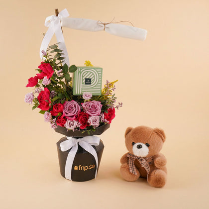 Rosy Teddy & Patchi Bouquet
