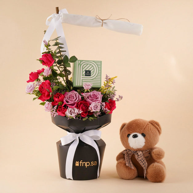 Rosy Teddy & Patchi Bouquet