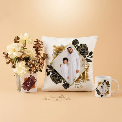 Personalized Pillow Gift with Mug and Elegant Flowers