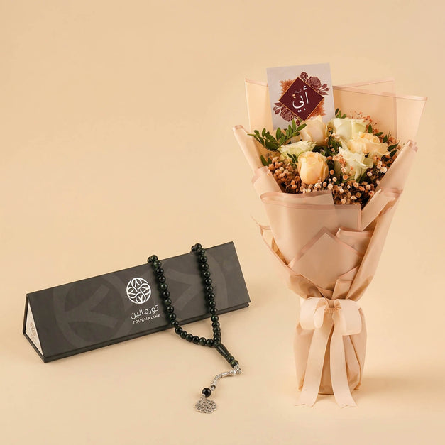 Luxurious Rose Bouquet with Elegant Prayer Beads (Misbaha)