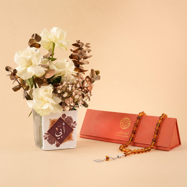 Luxurious Flower Vase with Elegant Amber Prayer Beads (Misbaha)