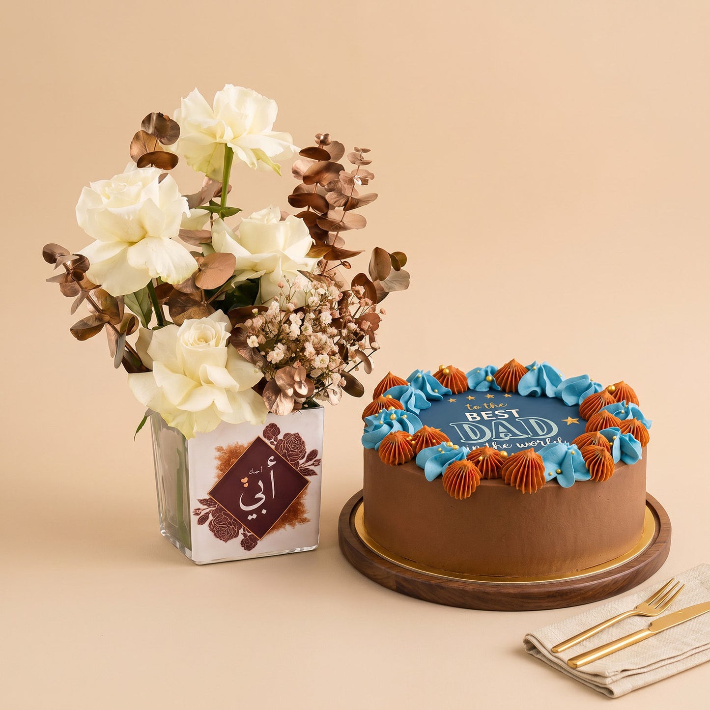 Father's Day Chocolate Cake and White Roses