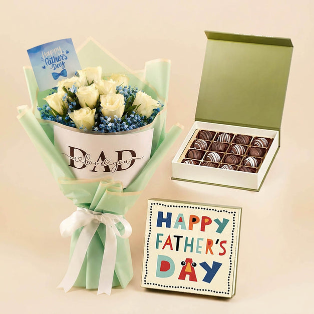 Father's Day Chocolate and White Roses Bouquet