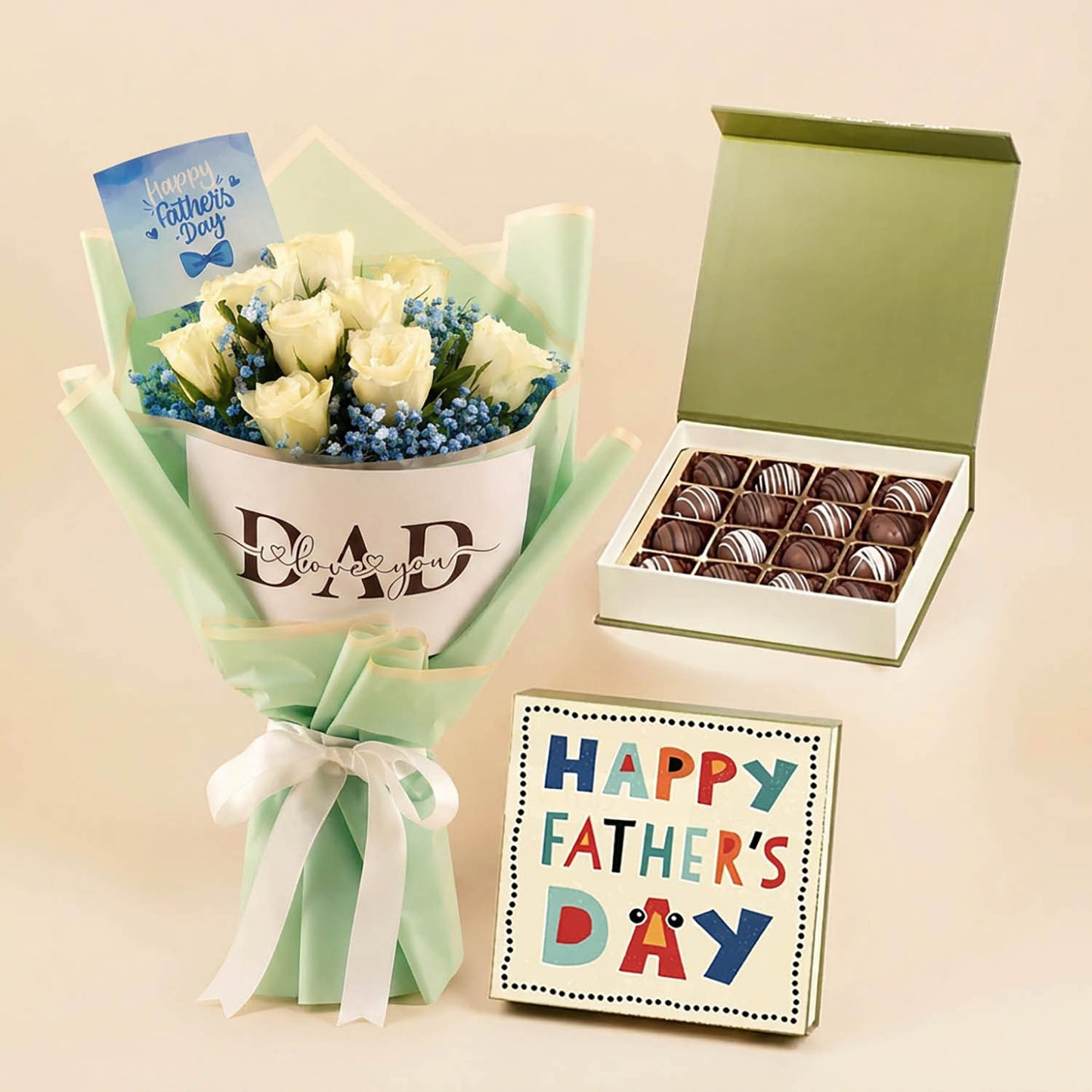Father's Day Chocolate and White Roses Bouquet