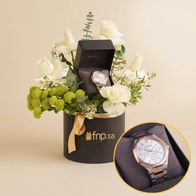 Luxurious Gift Box with Titan Watch and White Rose Bouquet