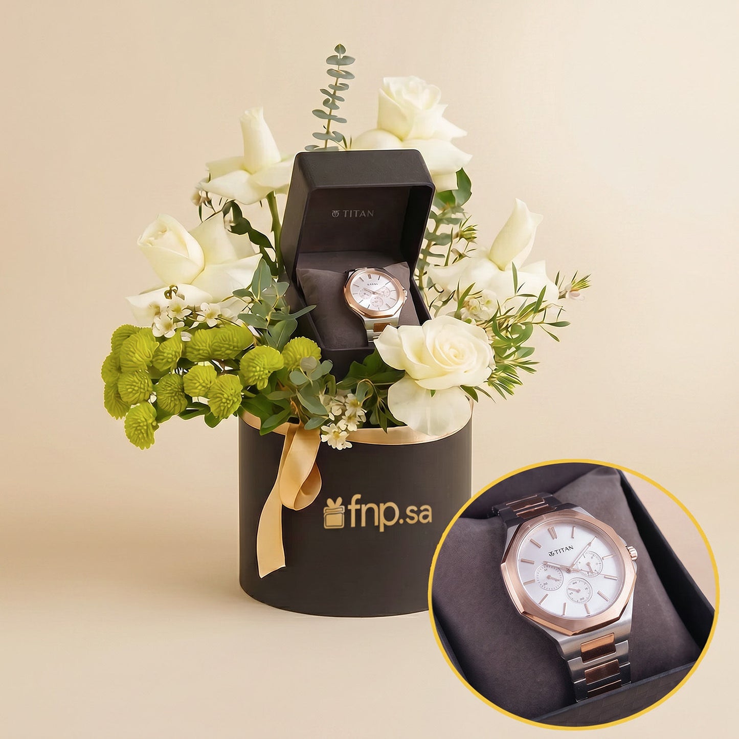 Luxurious Gift Box with Titan Watch and White Rose Bouquet