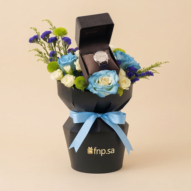 Elegant Gift Box with Watch and Blue Roses