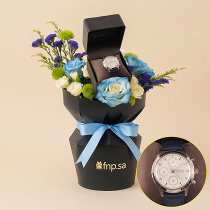 Elegant Gift Box with Watch and Blue Roses