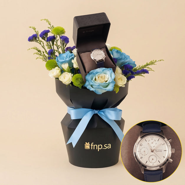 Elegant Gift Box with Watch and Blue Roses