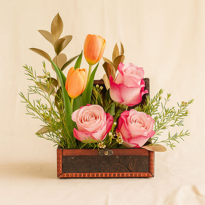 Rose n Tulip Flower Wooden Box