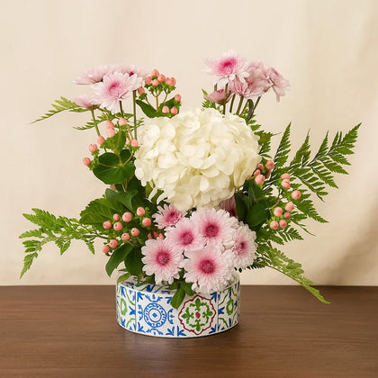 White Hydrangea n Mum Flower Vase
