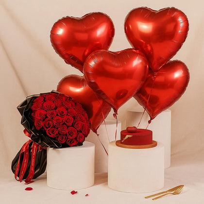 Love Surprise | Red Roses, Cake & Heart Balloons