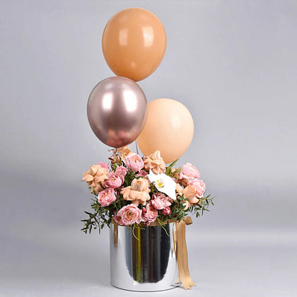Roses n Golden Balloons Silver Vase