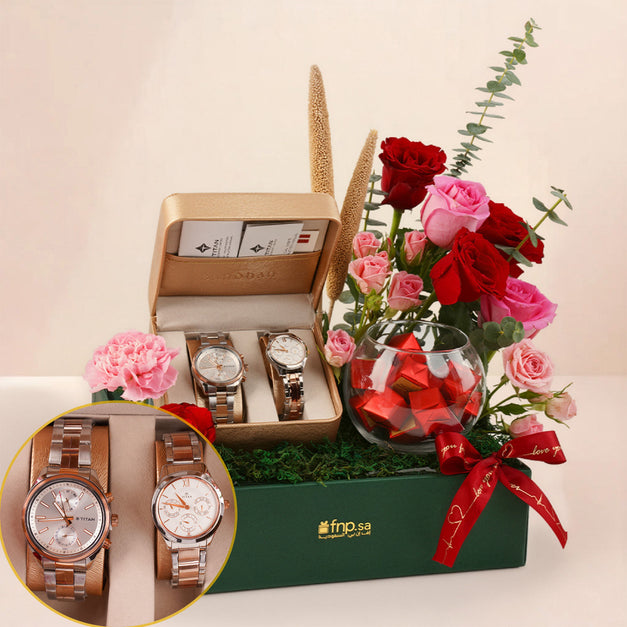 Togetherness - Titan Couple Watches & Love Flowers 