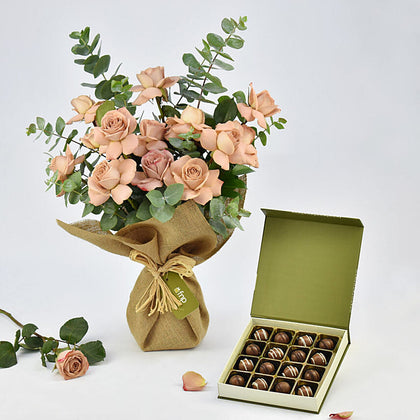 12 Cappuccino Roses Bouquet n Chocolate Box