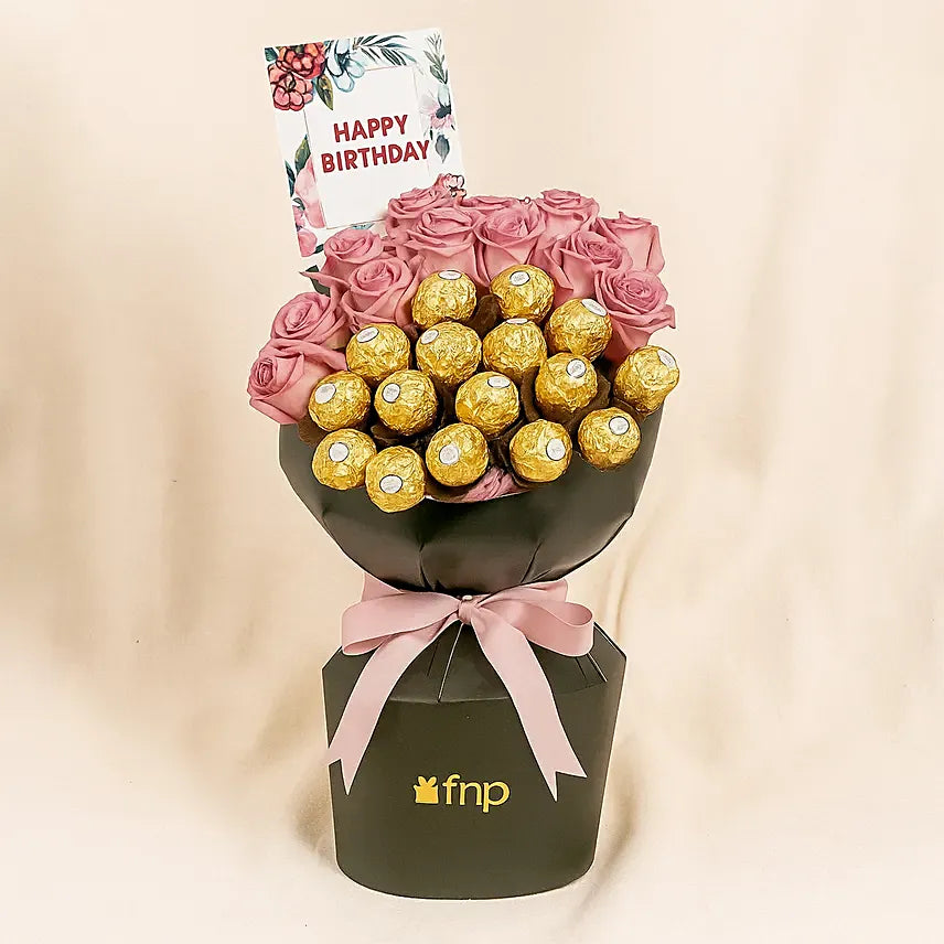  Purple Roses & Chocolate Birthday Bouquet