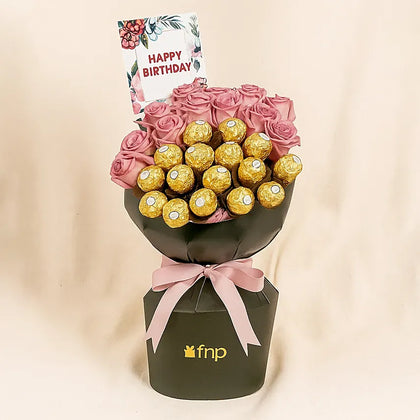  Purple Roses & Chocolate Birthday Bouquet