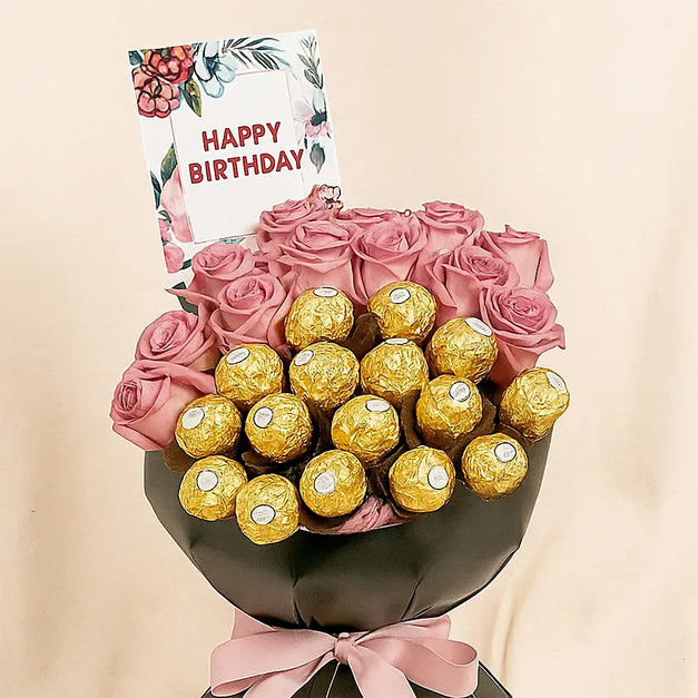  Purple Roses & Chocolate Birthday Bouquet