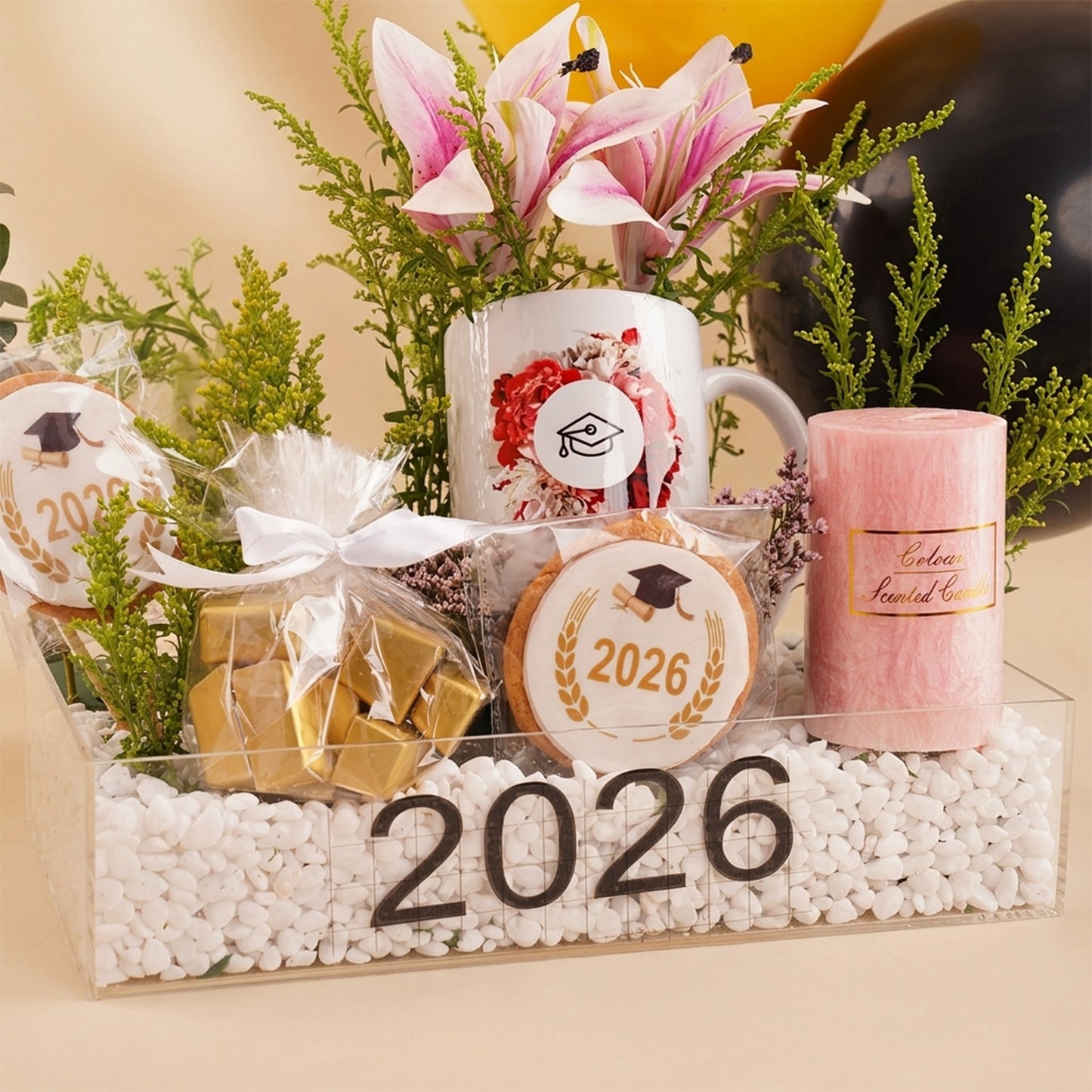 Pink Lily Women Graduation Gift Hamper n Balloons